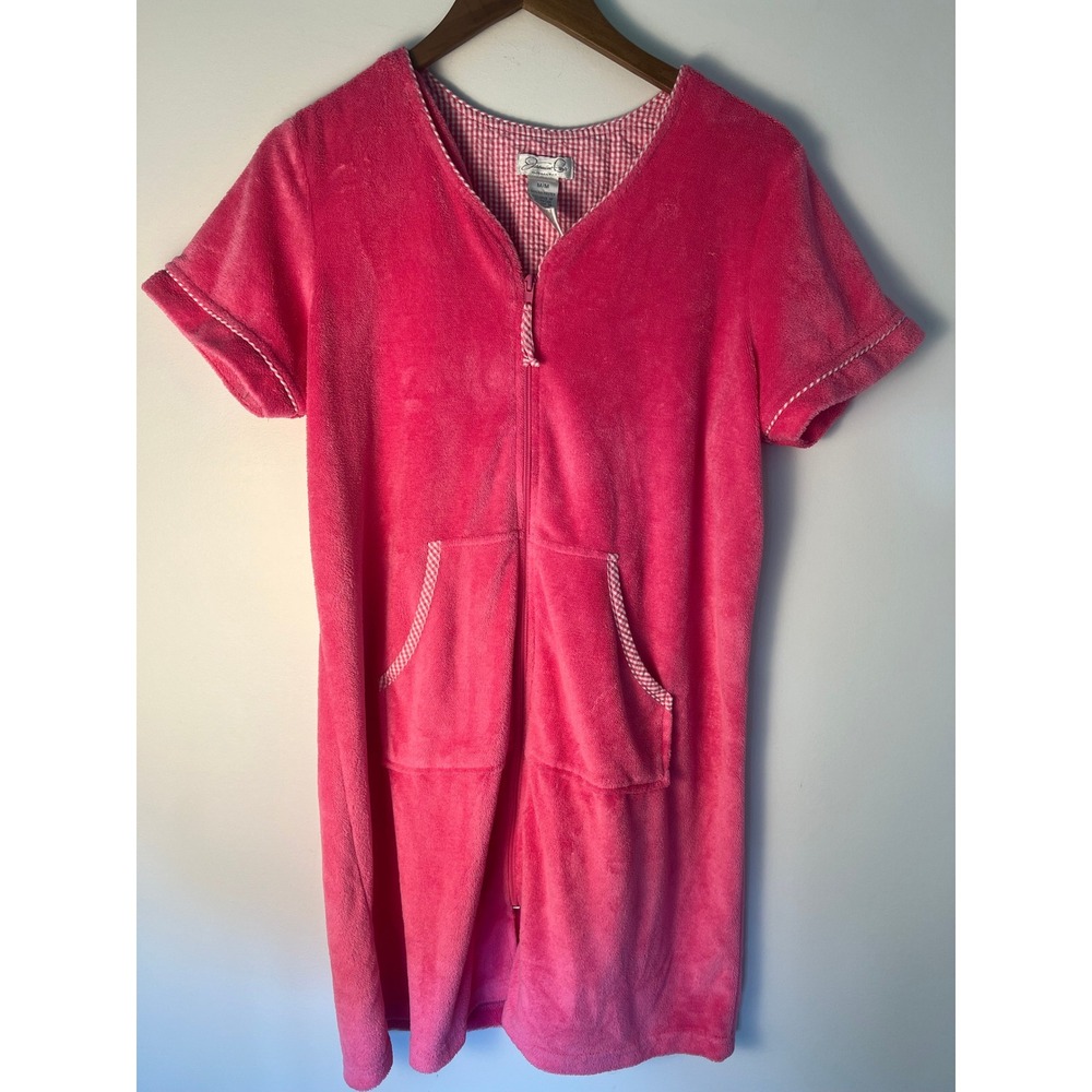 VTG Jasmine Rose Robe Wm M Pink Fleece Zip Front Gingham Trim House Coat Preppy